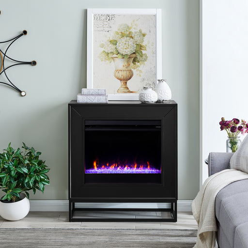 Sleek, modern fireplace mantel w/ contemporary, acrylic filled firebox Image 1