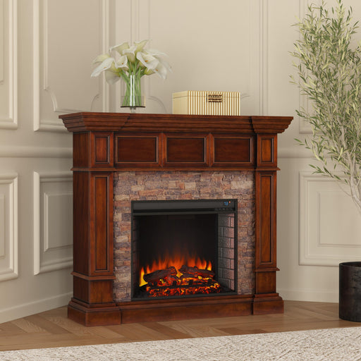 Corner-convertible electric fireplace with faux stone surround Image 1