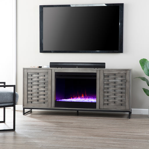 Gray TV stand with color changing fireplace Image 1