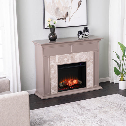 Fireplace mantel w/ authentic marble surround in eye-catching hexagon layout Image 2